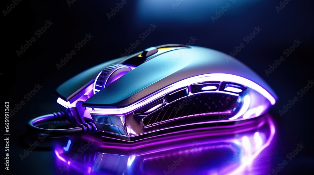 A wireless gaming mouse with color illumination on a glass tabletop, purple-black with depth of field, created with Generative AI technology. A wireless gaming mouse with color illumination on a glass tabletop, purple-black with depth of field, created with Generative AI technology.