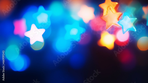 Star shaped bokeh, blurred lights, christmas decoration, multicolor blurry shapes, rainbow stars, christmas light, garland, depth of field, haze, blurry background
