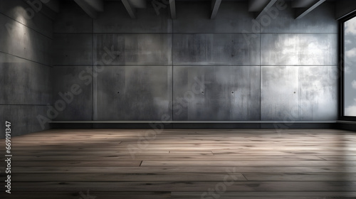 Modern empty concrete loft wall studio background with wooden parquet © YarikL