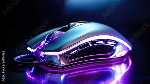A wireless gaming mouse with color illumination on a glass tabletop, purple-black with depth of field, created with Generative AI technology. © Viktor