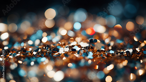 metal confetti with abstract shapes, blurry bokeh, metalic scrapes, depth of field, abstract background, light and technology, party