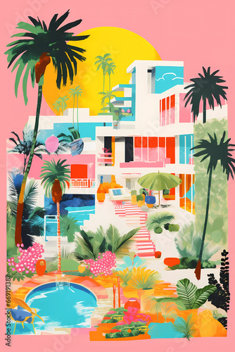 Retro risograph print, Miami palms and house style poster art, Generative AI