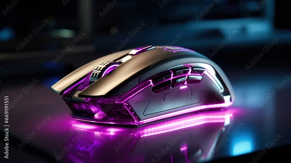 A wireless gaming mouse with color illumination on a glass tabletop, purple-black with depth of field, created with Generative AI technology. A wireless gaming mouse with color illumination on a glass tabletop, purple-black with depth of field, created with Generative AI technology.