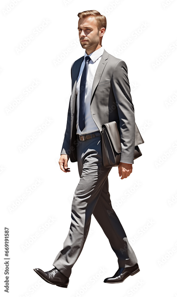 Isolated walking handsome young man wearing grey suit and white shirt, carrying briefcase, cutout on transparent background, ready for architectural visualisation. Isolated walking handsome young man wearing grey suit and white shirt, carrying briefcase, cutout on transparent background, ready for architectural visualisation.