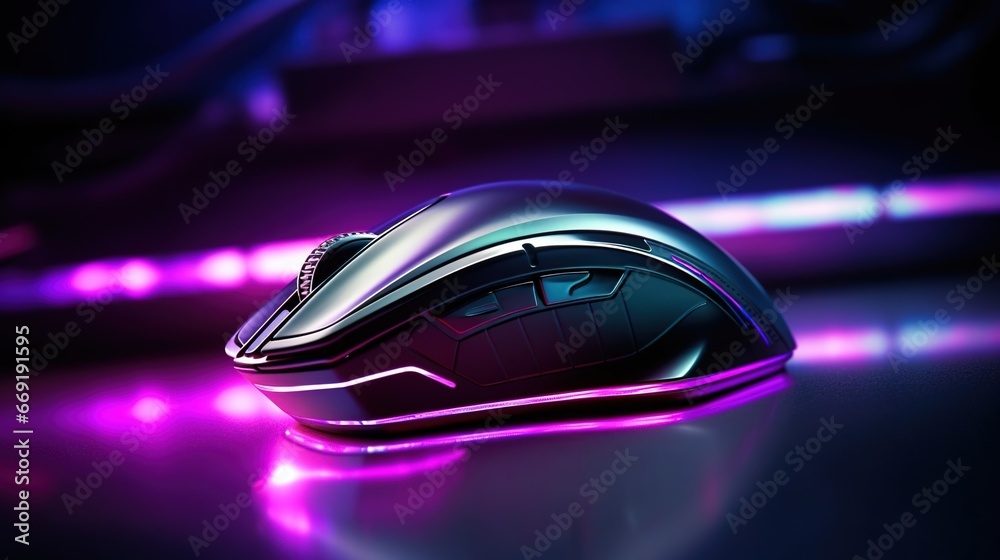 A wireless gaming mouse with color illumination on a glass tabletop, purple-black with depth of field, created with Generative AI technology. A wireless gaming mouse with color illumination on a glass tabletop, purple-black with depth of field, created with Generative AI technology.