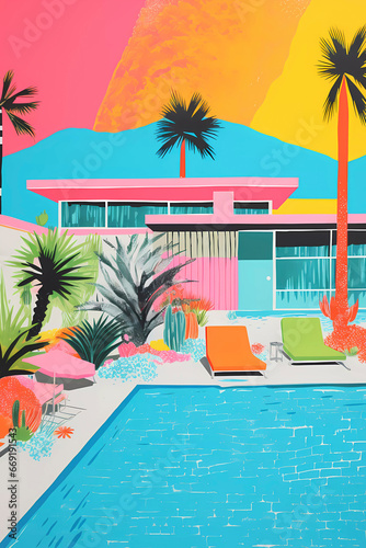 Retro risograph print  Miami palms and house style poster art  Generative AI