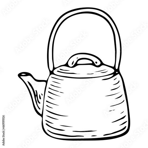 Sketch metal kettle. Cookware. Hand drawn illustration.