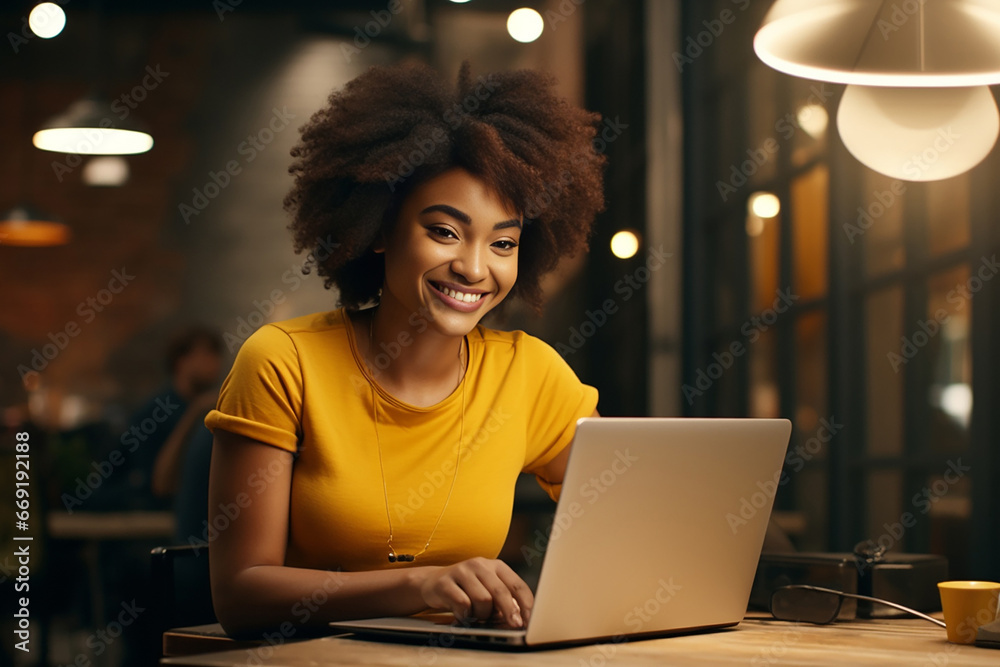 The portrait of a female business woman with an Afro hairstyle working on a laptop in the co-working space of the office. Generative AI. The portrait of a female business woman with an Afro hairstyle working on a laptop in the co-working space of the office. Generative AI.