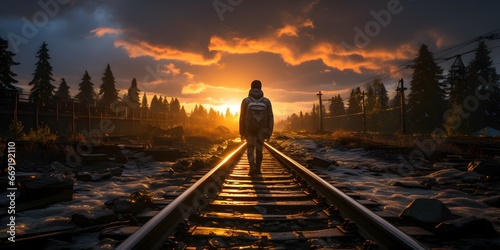 photo of someone walking on a railroad track photo