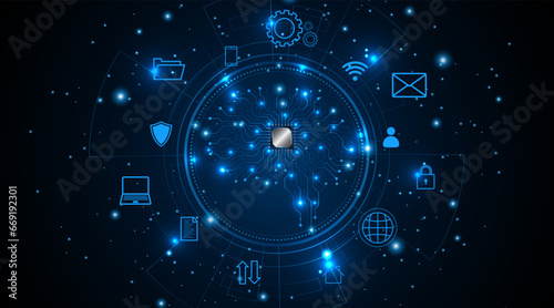 Technology brain circuit board with microchip processor on dark blue background. Data processing concepts. Circuit board high tech technology background. Vector illustration	