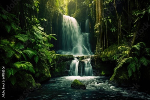 Cascading waterfall hidden in a tropical jungle