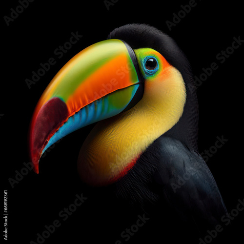 Closeup of tucan bird on black background. ai generative © Igor