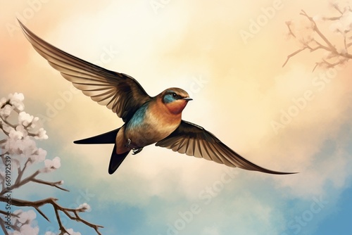 Write about a swift swallow darting through the sky, perching briefly on a branch
