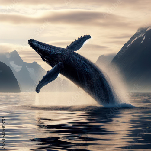 Humpback Whale jumping in a nothern bay. ai generative