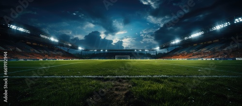 Portrait of a grass stadium illuminated by floodlights, at night photo