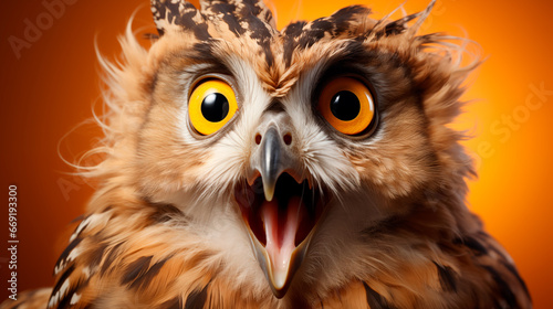 portrait of a surprised owl on a yellow background, banner for sale or advertising, promo action  © KEA