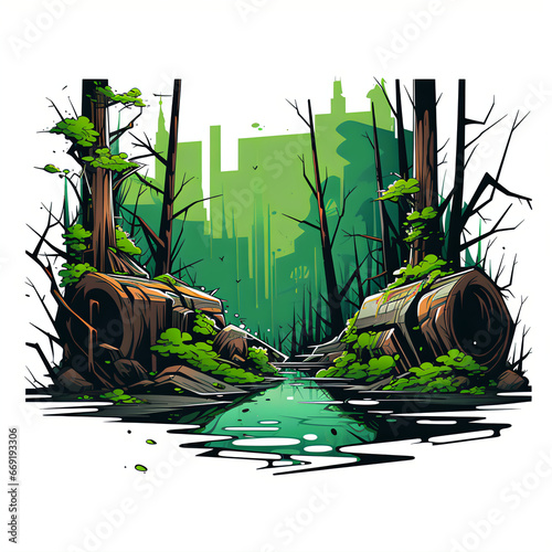 Flat Style Graffiti Illustration of Forest Scene with Bright and Dark Tones on White Background
