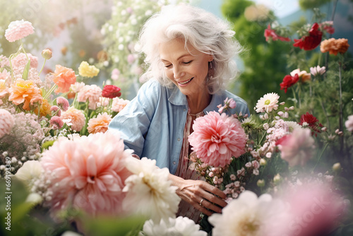 The portrait of a happy female elderly is picking up pink flowers at her garden in the morning. Generative AI. #669193389