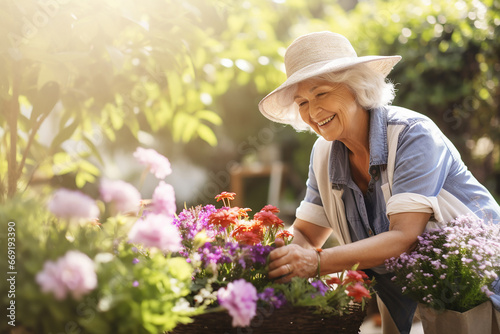 The portrait of a happy female elderly is picking up pink flowers at her garden in the morning. Generative AI. photo