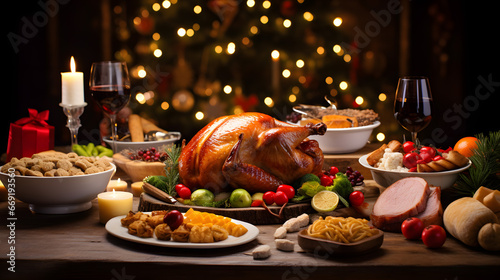 Festive Christmas Dinner Spread with Roast Turkey and Assorted Side Dishes in Warm Ambient Lighting