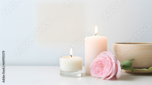Minimalist Composition with Lit Candles, Wooden Bowl, and Pink Rose.