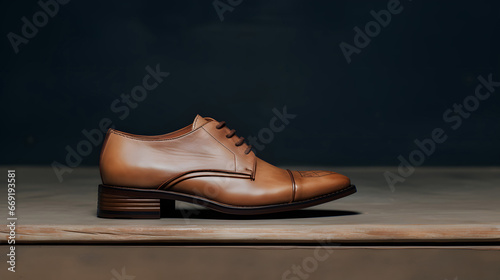 Tan Leather Dress Shoe on a Wooden Surface against a Dark Background.