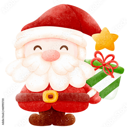 Watercolor Santa claus hiding christmas gift behind his back illustration 