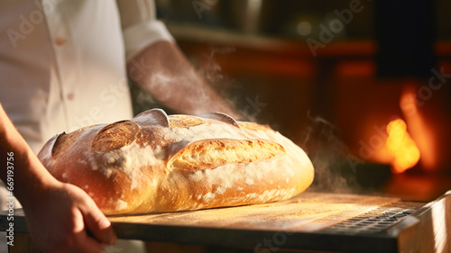 Photo of skilled baker showcasing hot fresh white bread from oven in rustic kitchen. Organic Loaf of bread in bakery store.