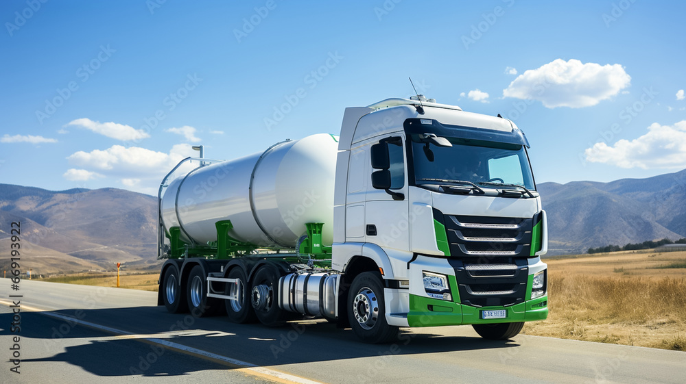 Big fuel tanker truck shipping fuel on the countryside road in motion against sky. Big fuel tanker truck shipping fuel on the countryside road in motion against sky.