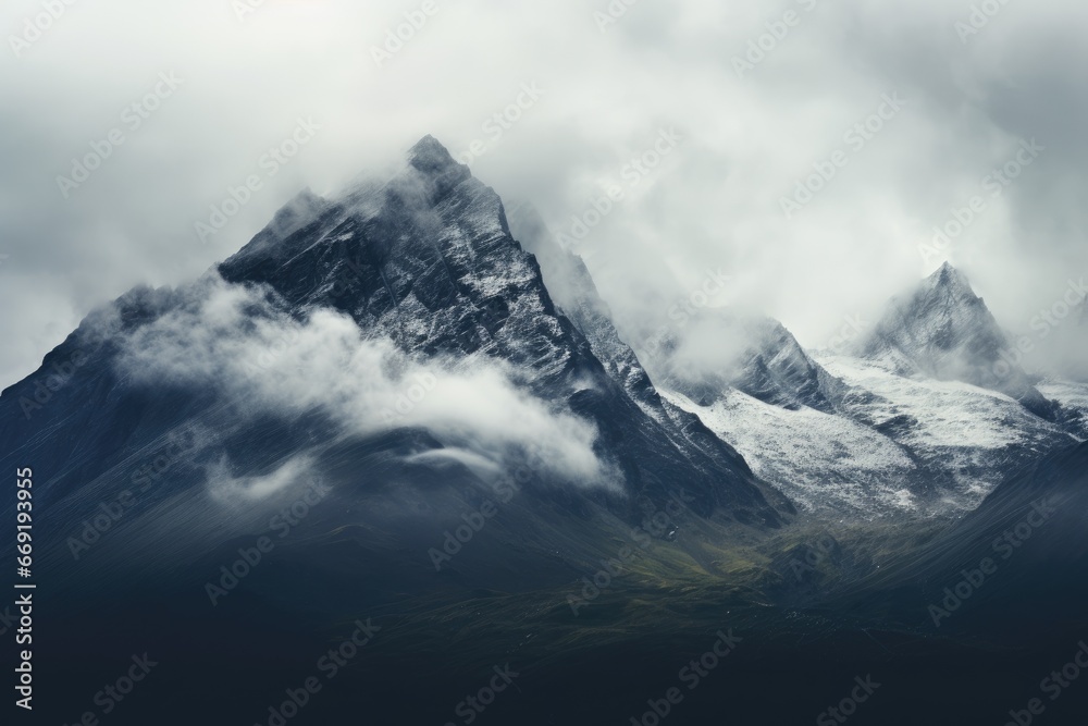 Dreamy mountainscape with clouds rolling in.
