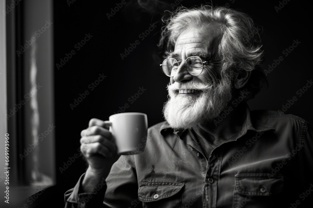 Elderly man with infectious smile, enjoying a cup of coffee. Elderly man with infectious smile, enjoying a cup of coffee.