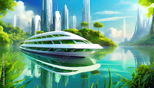 A brightly colored, futuristic white metropolis on a boat floating in a lush green environment. photo