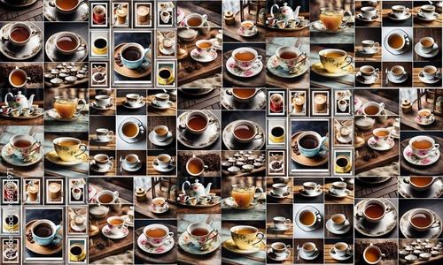 Seamless image of mugs with tea for wallpaper, tablecloth, web design, background, etc.