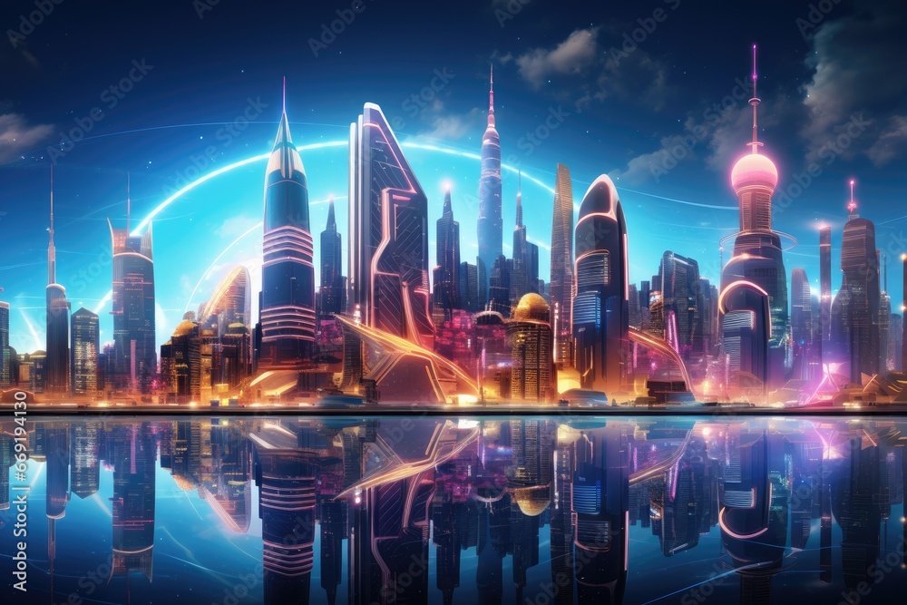Futuristic city skyline with neon lights and holograms.