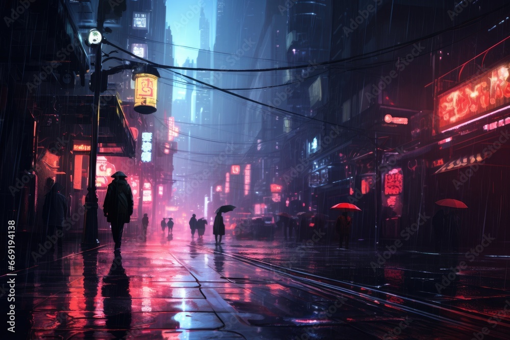 Gentle rain over a city's neon-lit streets.