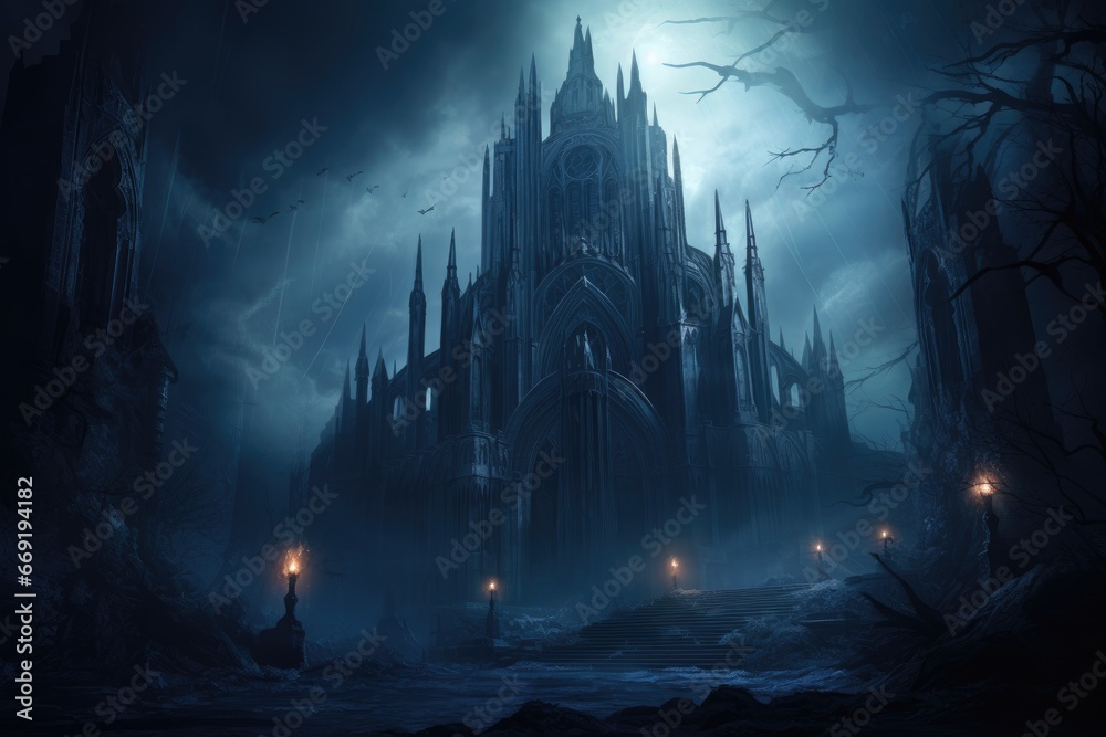 Gothic cathedral lit by ethereal moonlight.