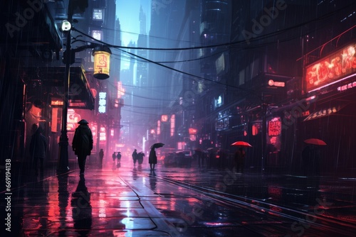 Gentle rain over a city s neon-lit streets.