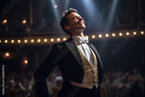 Gentleman in evening wear, radiant laughter, at a ballet performance.