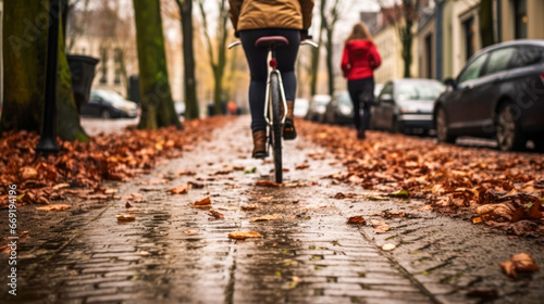 Autumn leaf image of woman riding a bicycle on a damp sidewalk.