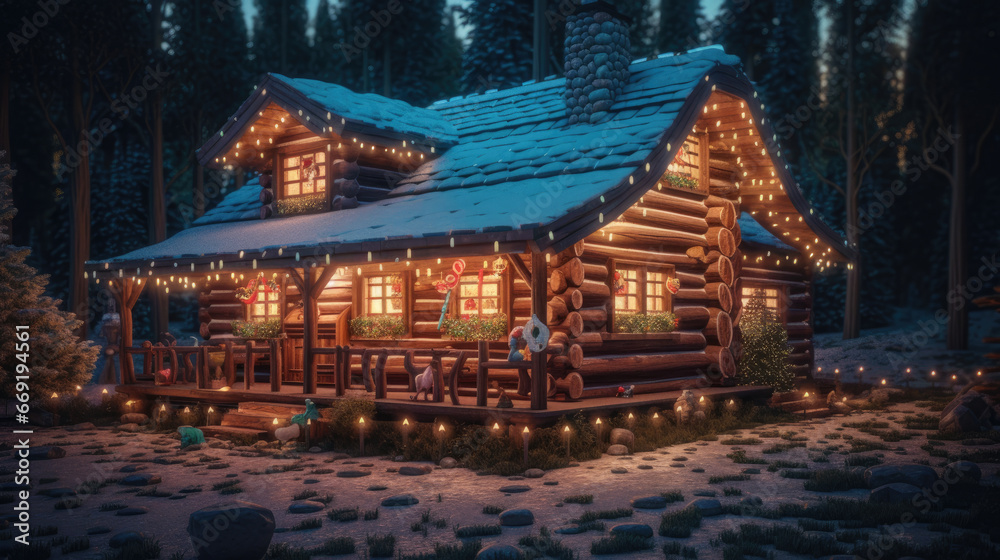 Obraz premium Amazing log house decorated of Christmas lights in magical forest with cartoon spruces and candy canes. Unusual Christmas 3d illustration postcard.