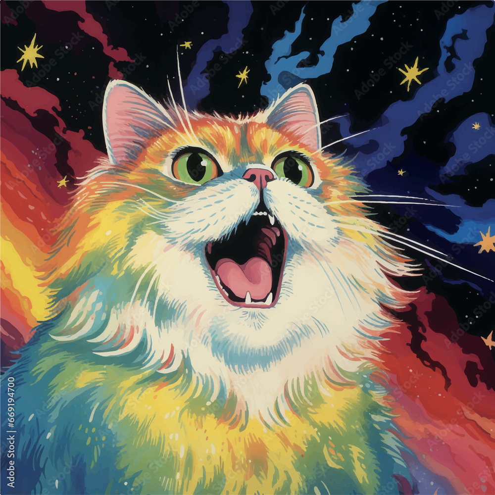 Illustration of giant rainbow fluffy cat meowing at the stars, cosmic space, 1970’s cartoon style Illustration of giant rainbow fluffy cat meowing at the stars, cosmic space, 1970’s cartoon style