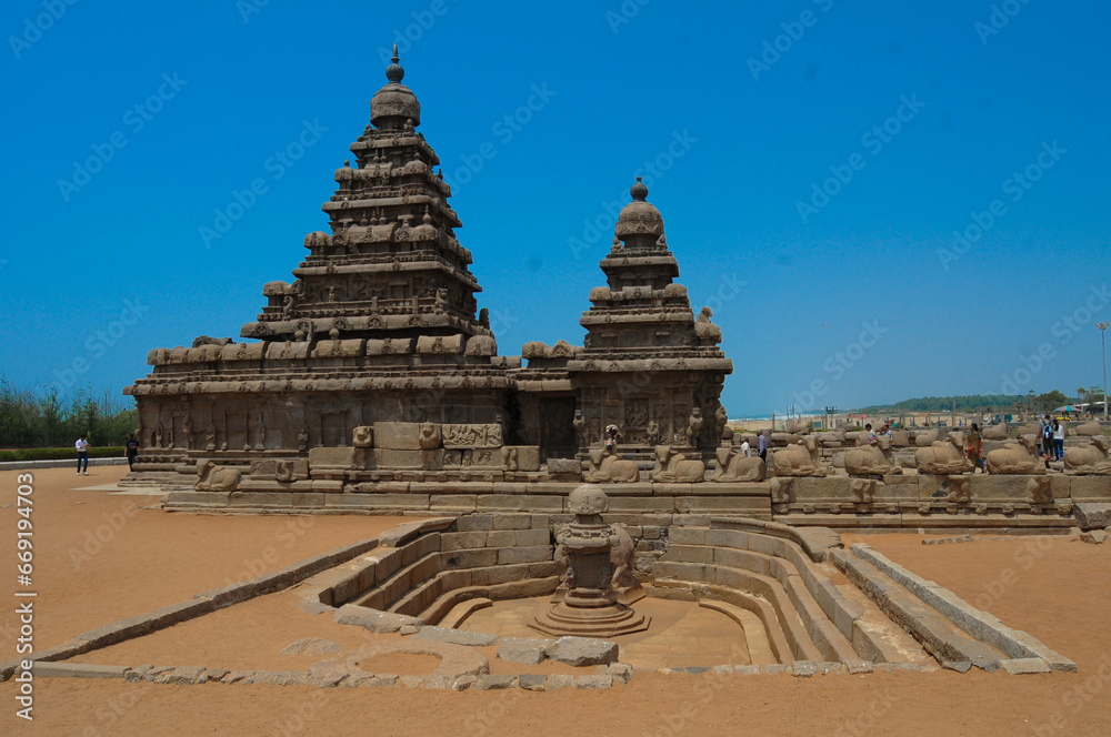 Famous Tamil Nadu landmark, UNESCO world heritage - Shore temple, world heritage site in Mahabalipuram,South India, Tamil Nadu, Mahabalipuram