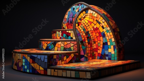 Mosaic podium that appears to be constructed from a patchwork quilt of vibrant, varied tiles.