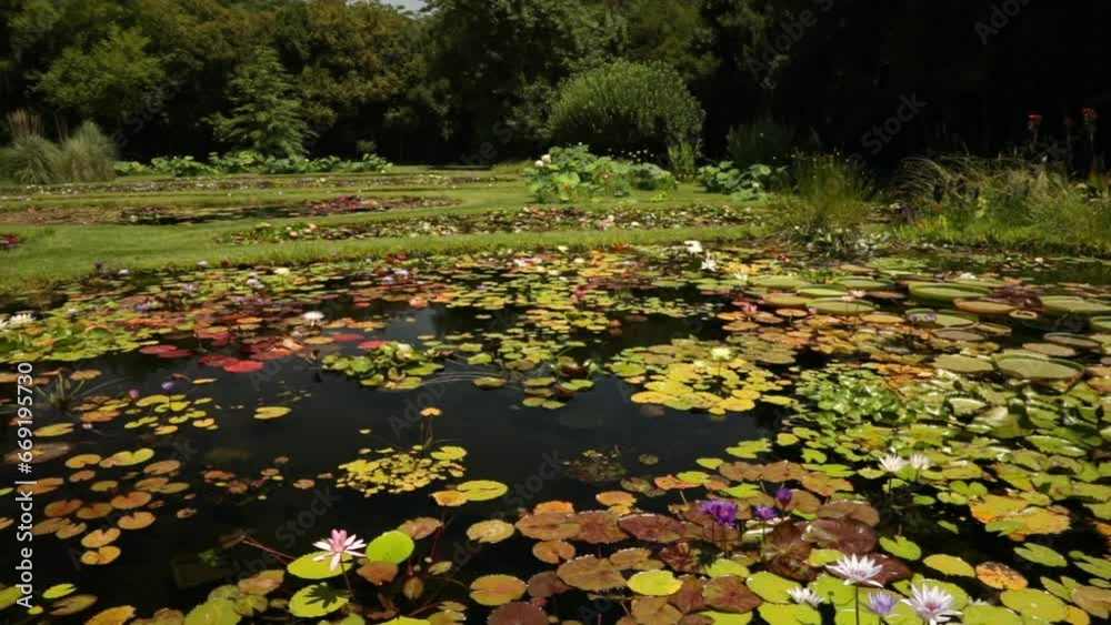 Beautiful pan of the garden and ponds growing waterlilies in spring Beautiful pan of the garden and ponds growing waterlilies in spring