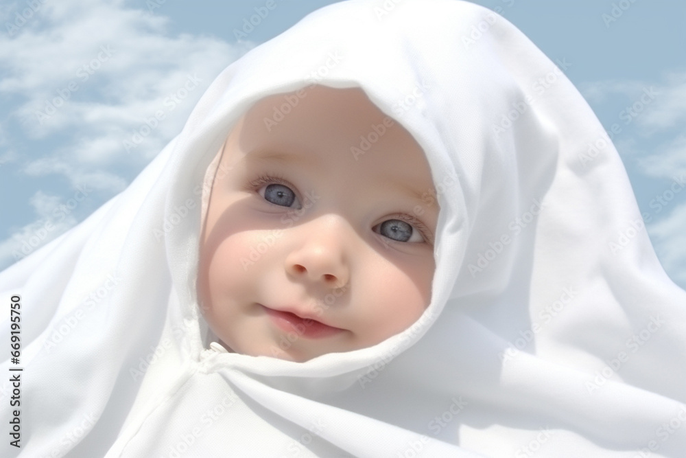 A baby peacefully rests on a white cloth blanket, basking in soft light, radiating a sense of joy and calmness. Generative AI. A baby peacefully rests on a white cloth blanket, basking in soft light, radiating a sense of joy and calmness. Generative AI.