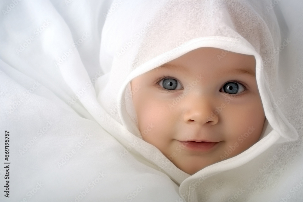 A baby peacefully rests on a white cloth blanket, basking in soft light, radiating a sense of joy and calmness. Generative AI. A baby peacefully rests on a white cloth blanket, basking in soft light, radiating a sense of joy and calmness. Generative AI.