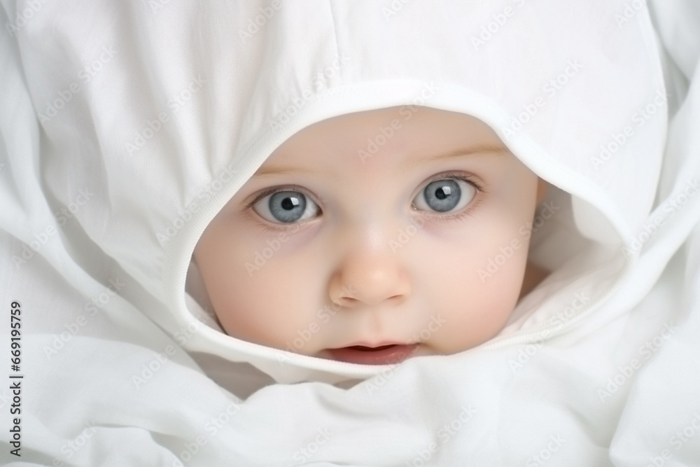 A baby peacefully rests on a white cloth blanket, basking in soft light, radiating a sense of joy and calmness. Generative AI. A baby peacefully rests on a white cloth blanket, basking in soft light, radiating a sense of joy and calmness. Generative AI.