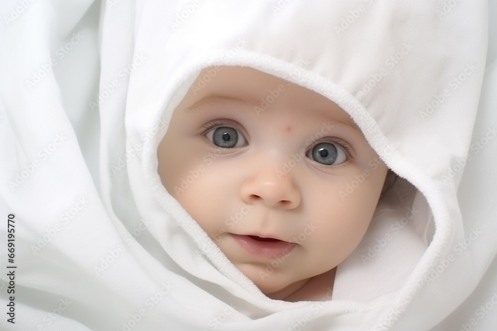 A baby peacefully rests on a white cloth blanket, basking in soft light, radiating a sense of joy and calmness. Generative AI. A baby peacefully rests on a white cloth blanket, basking in soft light, radiating a sense of joy and calmness. Generative AI.