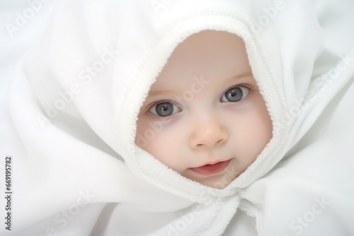 A baby peacefully rests on a white cloth blanket, basking in soft light, radiating a sense of joy and calmness. Generative AI.