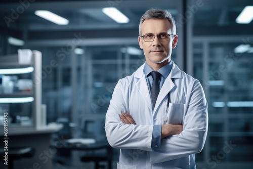 Portrait of confident doctor with arms crossed in clinic.